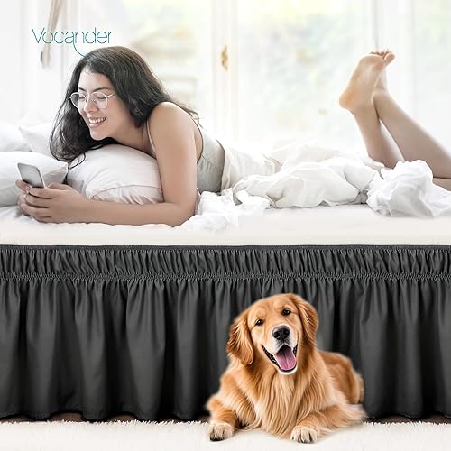 Miniatura 8 de Vocander Falda de cama negra envolvente de tamaño individual de 14 pulgadas de caída, volantes elásticos fáciles de poner, falda de cama sólida,