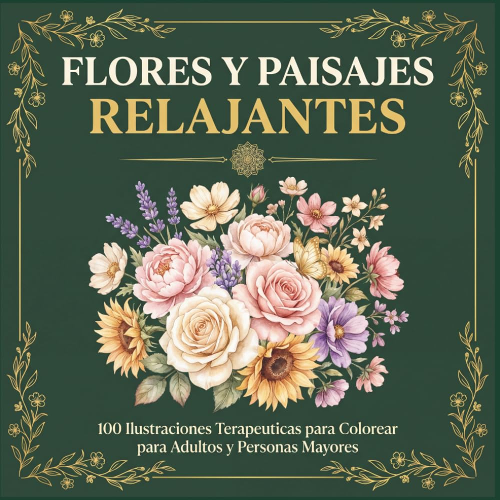 Flores y Paisajes Relajantes: 100 ilustraciones para colorear para adultos y personas mayores — Diseños grandes y fáciles para desconectar, relajarse y disfrutar de un momento solo para ti