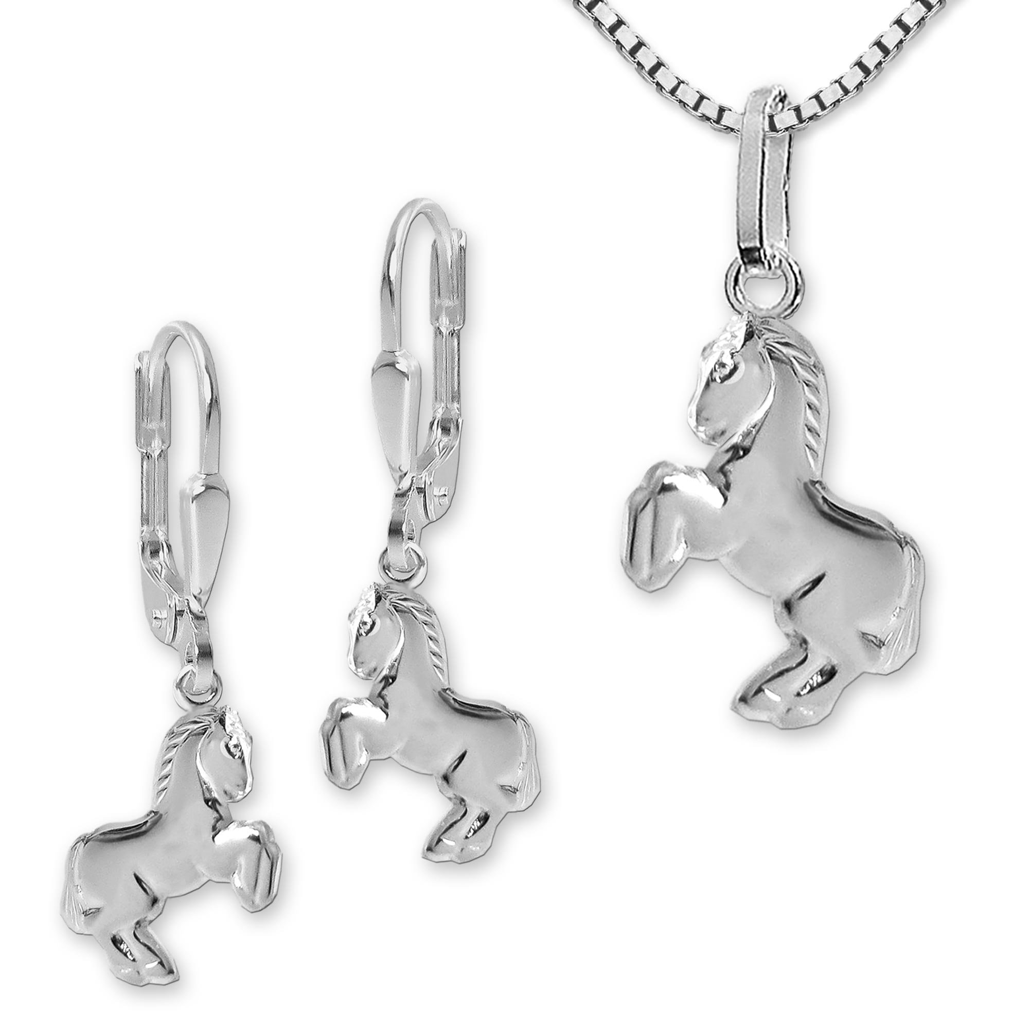 Clever Schmuck Parure con orecchini a forma di cavallo che salta 12 mm, con ciondolo e catena a maglia Veneziana 40 cm in coordinato, in argento Sterling 925, in custodia