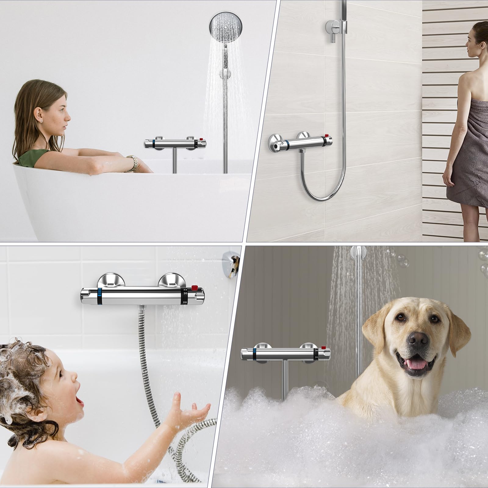 LADOKEE Mitigeur Douche, Robinet Thermostatique Douche avec Bouton de Sécurité 38 °C, Anti-brûlure, Entraxe 150mm, Raccord G 1/2, Laiton, Température Réglable 20-50°C, Chromé, pour Salles de Bains