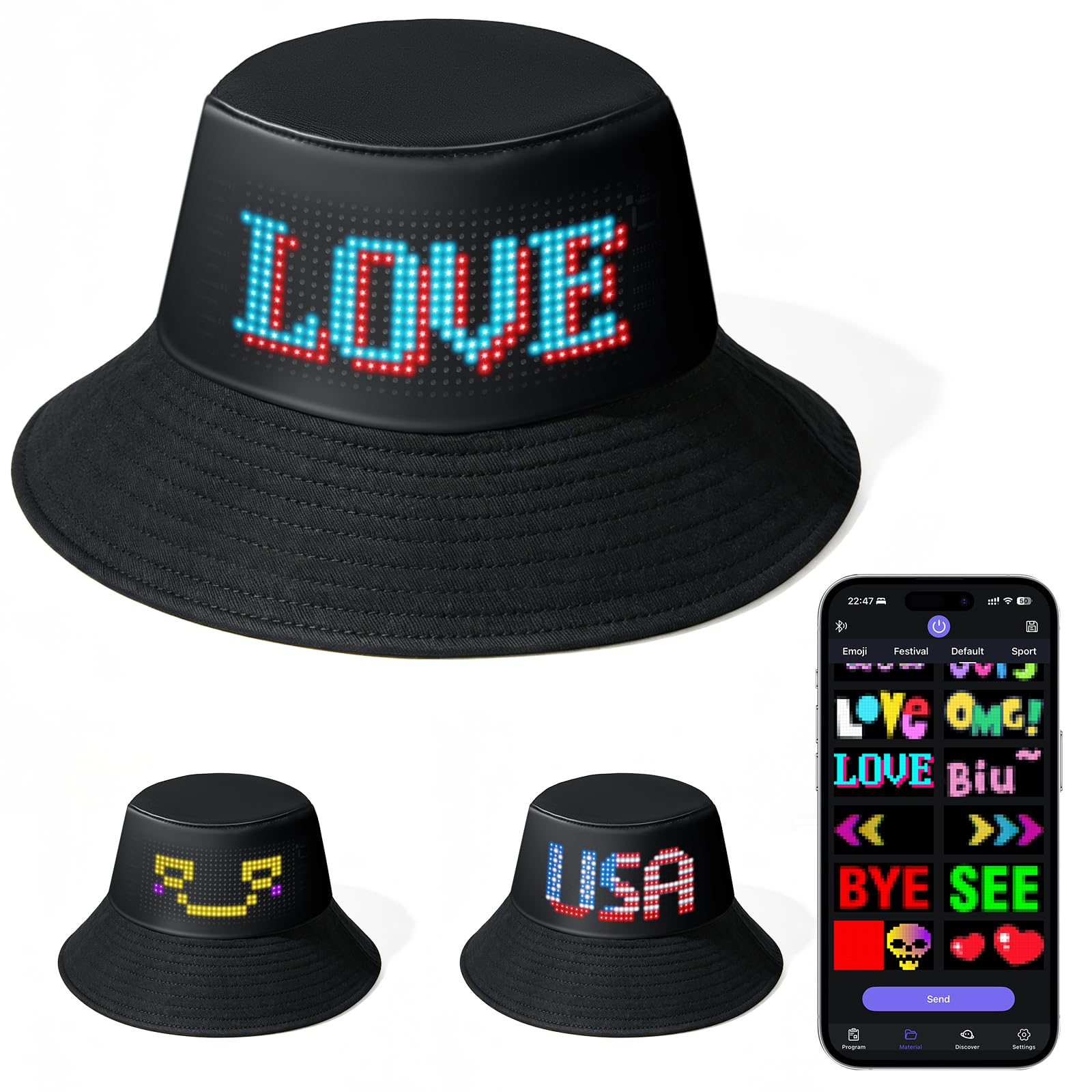 Chapeau de pêcheur LED programmable - Contrôle par application Bluetooth - Avec affichage pour vos propres textes - Pour festival, fête, course à pied, rechargeable par USB