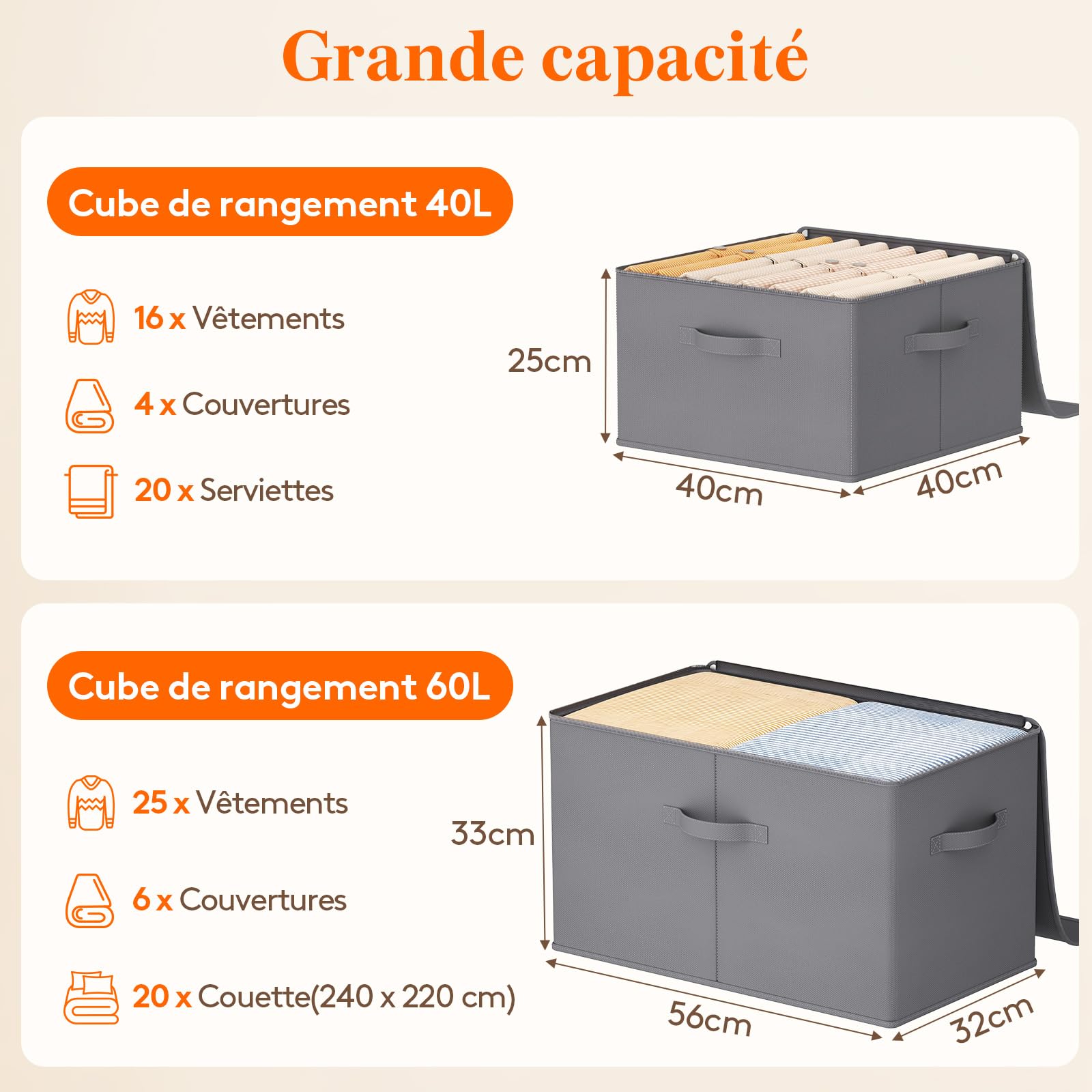Lifewit Boite Rangement Vetement Tissu, Caisse avec Couvercle, Sac Rangement Dressing Armoire avec Fermeture éclair, Organisateur Placard pour Couverture, Jouet, Gris, 56 x 32 x 33 cm, 60L, Lot de 3