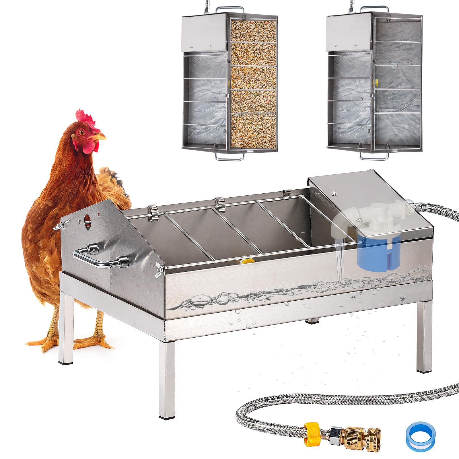 Bebedero y alimentador automático 2 en 1 para pollo, alimentador de agua de pollo de acero inoxidable con válvula flotante, dispensador de agua de llenado automático para aves de corral