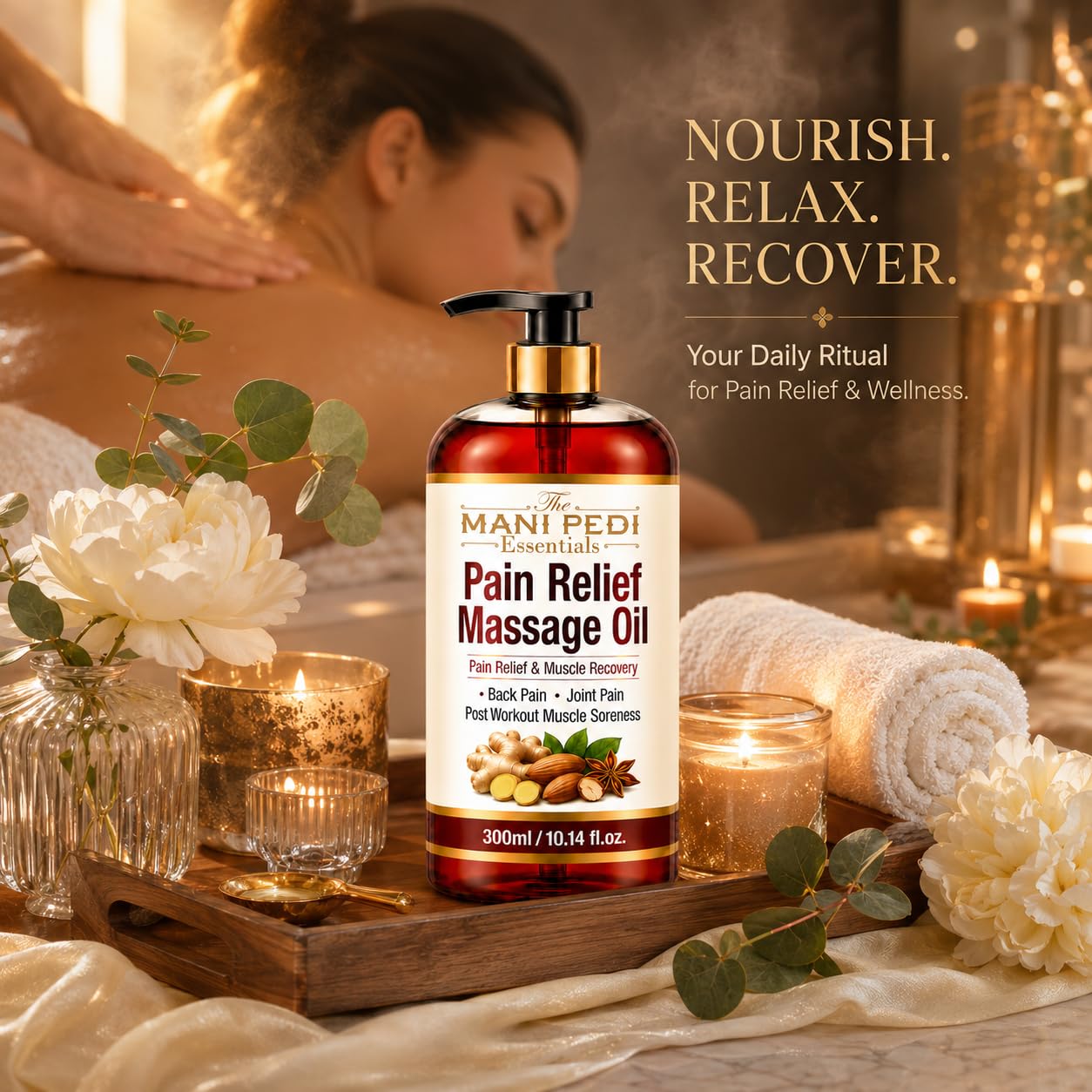TMPE Pain Relief Massage Oil For Joint & Back Pain, Muscle Soreness & Post Workout Recovery. With Natural Healing Of Ginger, Turmeric & Clove Oils. Non-Sticky Texture - 300Ml