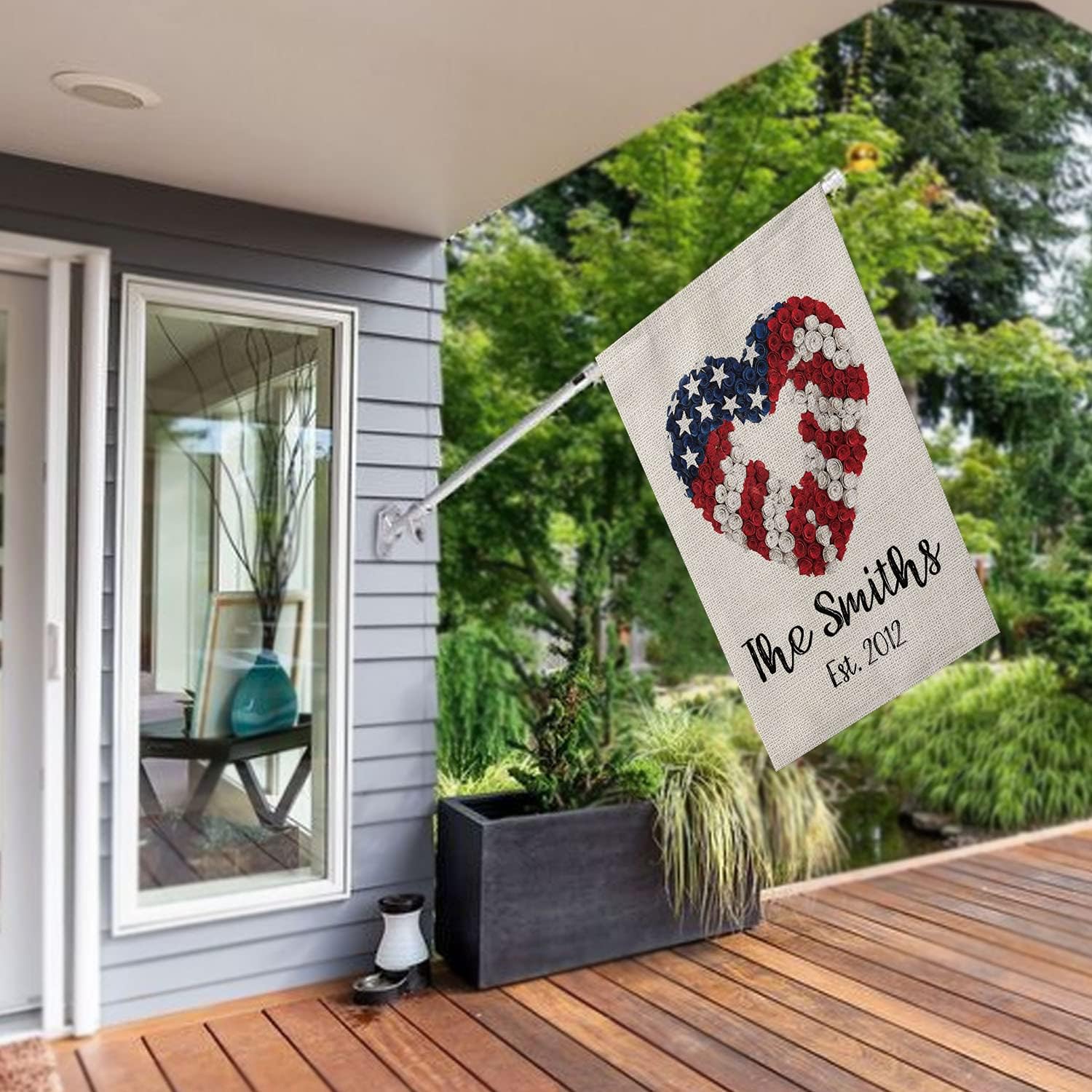 Smile Personalized 4th of July House Flag, Love Hearted Customized Family Name and Year America, Double Sided 28 x 40 Inch Rustic Farmhouse Burlap Yard Outdoor Decoration