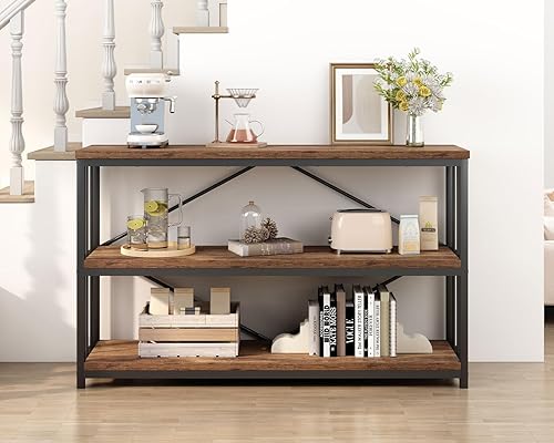 Miniatura 10 de IBF Estantería industrial de 3 niveles, estantería rústica de madera baja y metal, estantería horizontal abierta larga de ancho, moderno y grande