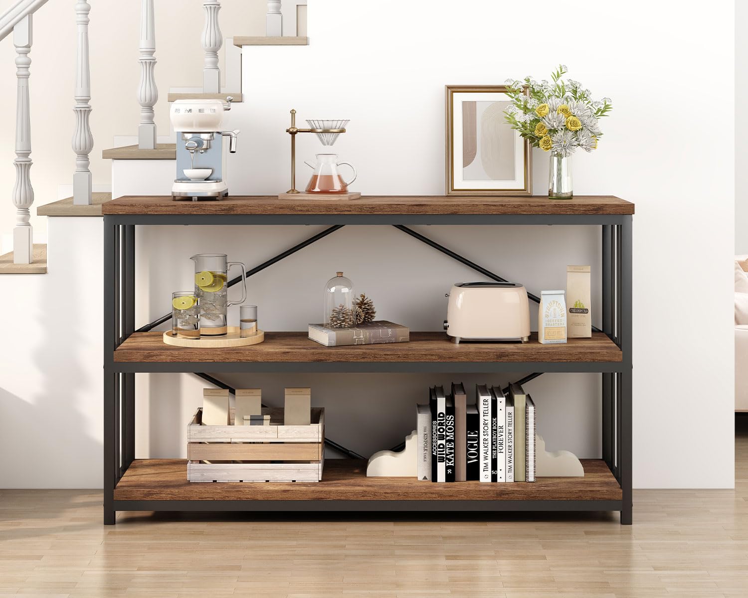 IBF Regal mit 3 Ebenen 120 cm Breit Bücherregal Holz und Metall Vintagebraun Offenes Standregal Industrielles Würfelregal Bücherschrank für Wohnzimmer Schlafzimmer Büro Küche 34 x 120 x 74 cm