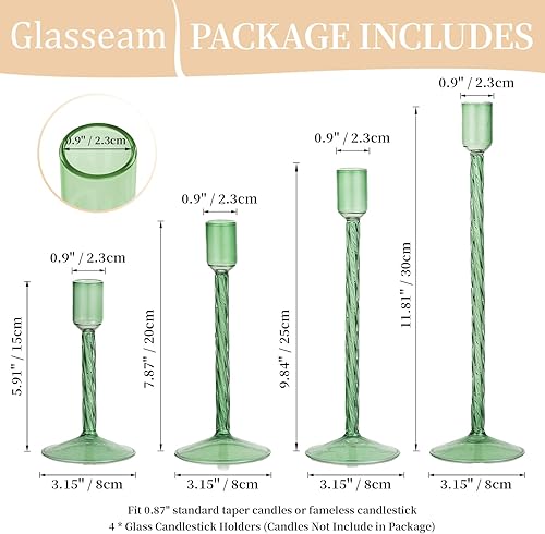 Miniatura 6 de Glasseam Portavelas de cristal verde juego de 4 portavelas alto para velas cónicas modernos portavelas decorativos para centro de mesa, boda,