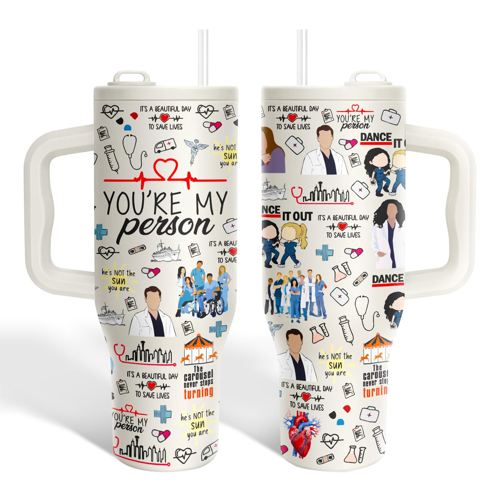 34HD White Nurse Tumbler 40oz with Handle and Straw, Gift for Best Friends