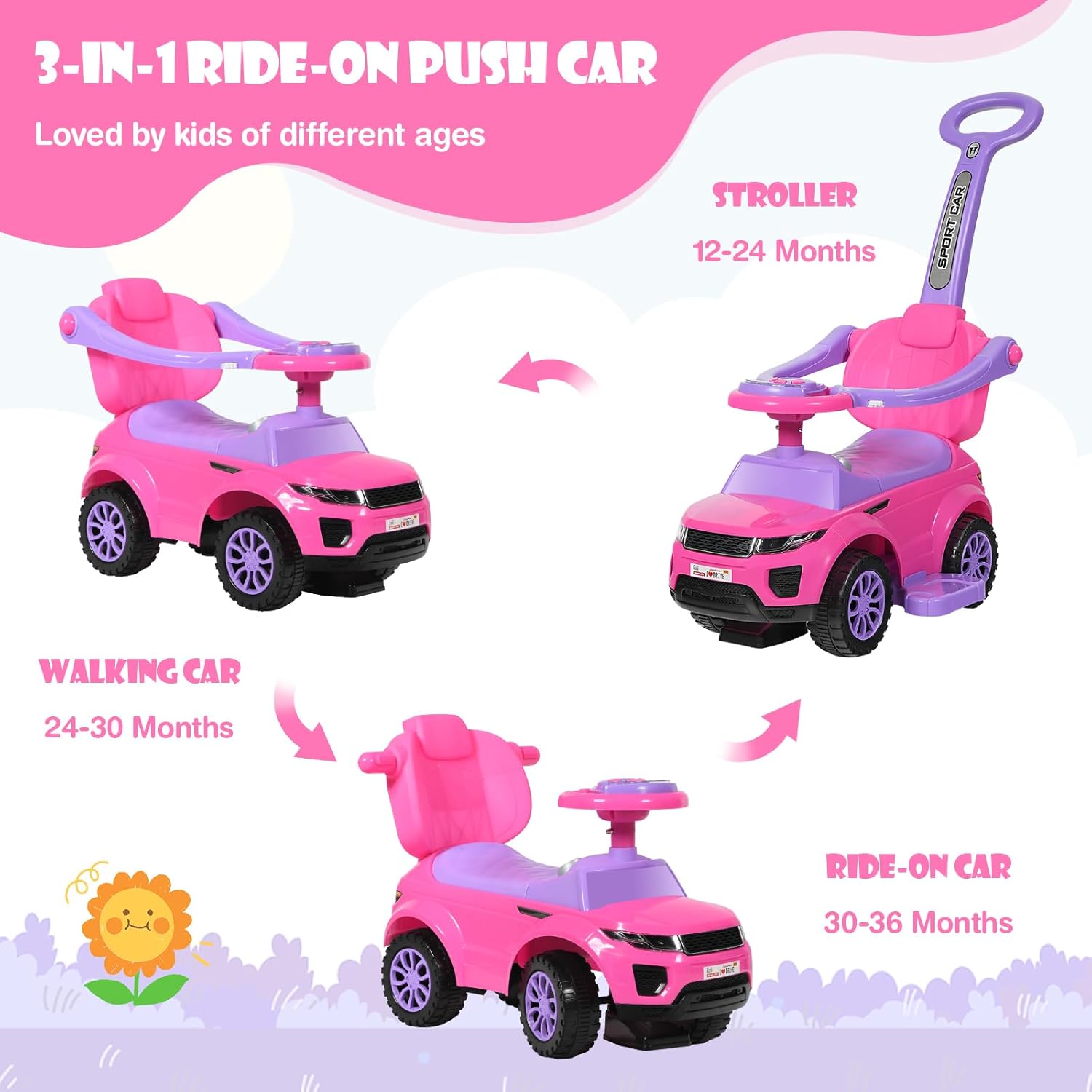GLACER Push Cars for Toddlers 1-3, 3-in-1 Kids Sliding Car with Detachable Guardrail, Horn, Music, Lights, Storage Box and Anti-Roll Design, Ride on Push Car for Boys Girls (Pink)