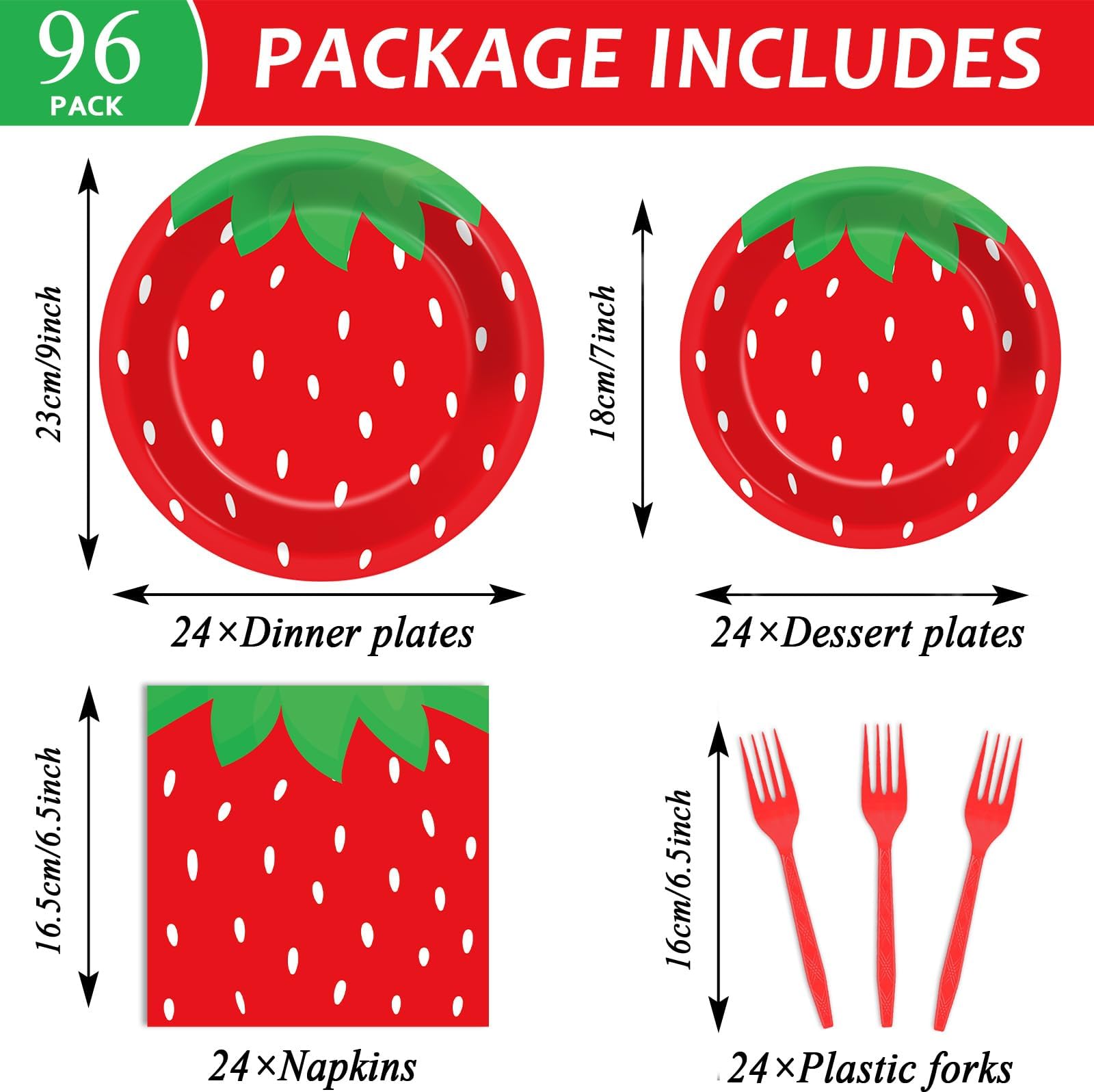 96PCS Strawberry Plates Napkins Birthday Party Decorations Spring Summer Fruit Paper Dessert Tableware Set Supplies for Baby Shower Decor 24Guests