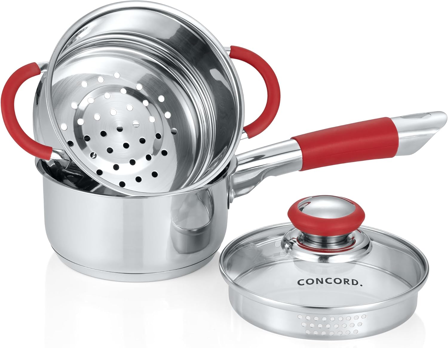 Concord Stainless Steel SIMPLE POUR Saucepan with Steamer Tier. Vented Glass Lid. Features Dual Pouring Spouts and Volume Marking on pot. Perfect for making Sauces, Jam, Ramen, and more (1 Quart)