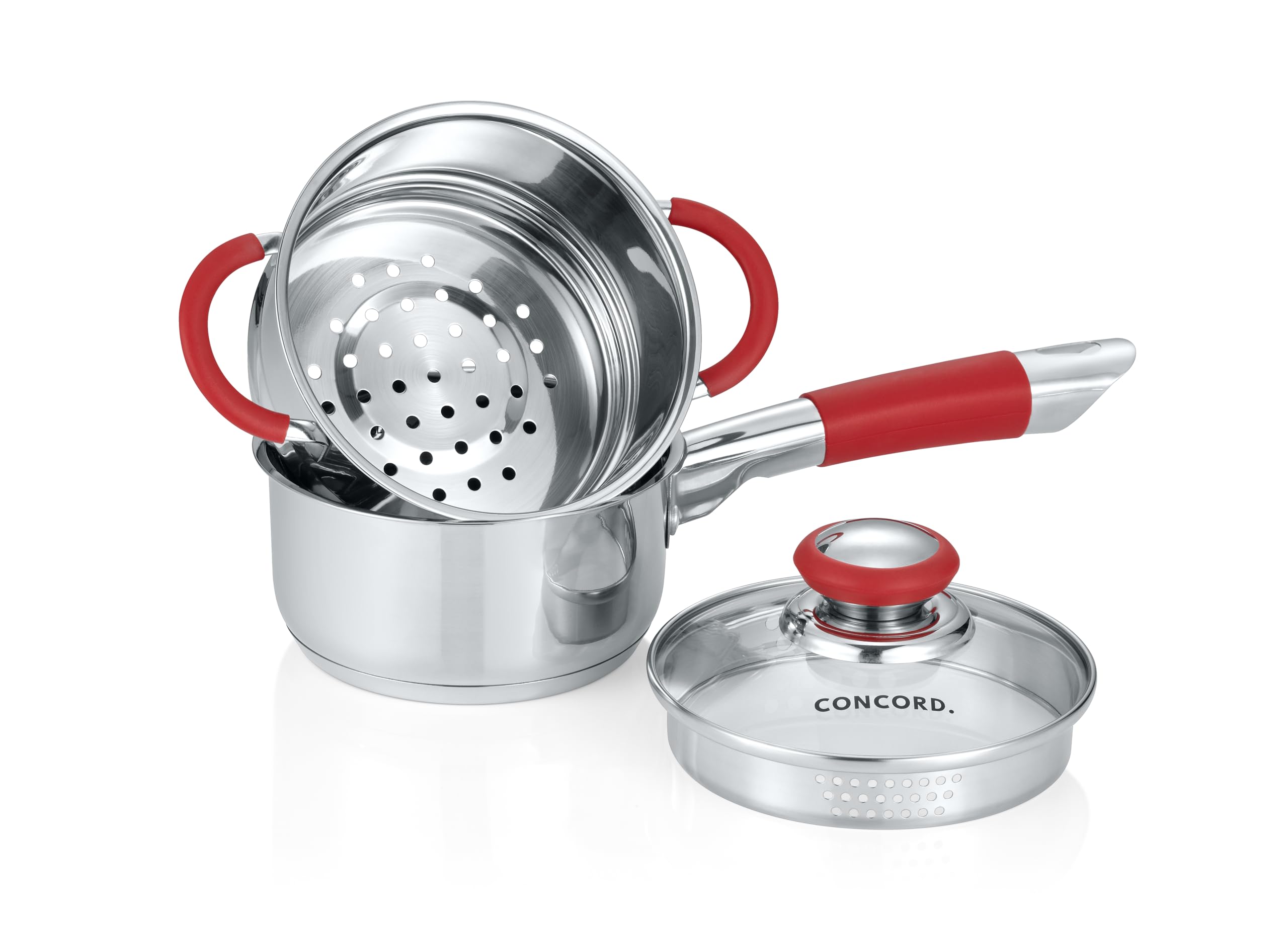 Concord Stainless Steel SIMPLE POUR Saucepan with Steamer Tier. Vented Glass Lid. Features Dual Pouring Spouts and Volume Marking on pot. Perfect for making Sauces, Jam, Ramen, and more (1 Quart)