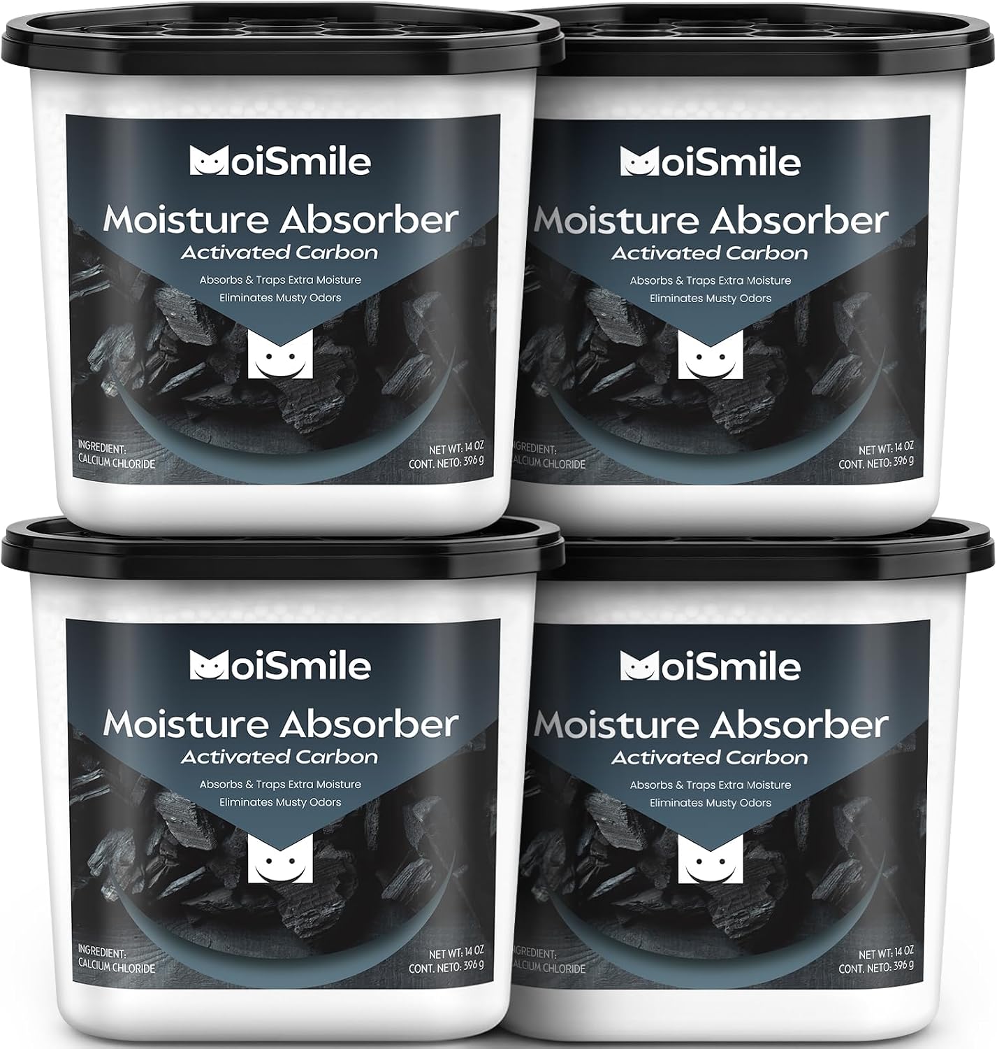 Large Moisture Absorber Buckets, 14 oz Each, Activated Carbon, 4 Pack | 14 oz Net Fill with 2 oz Activated Charcoal; Visible Water Collection; Up to 90 Days; Helps Trap Musty Odors