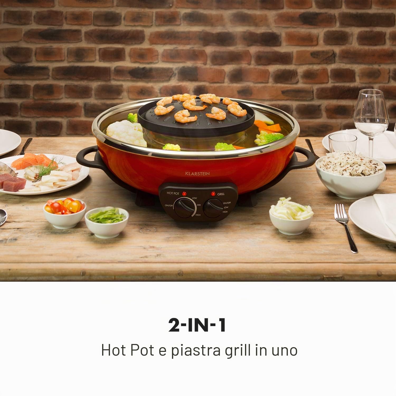 KLARSTEIN Szechuan - Hot Pot e Piastra, Grill Elettrico senza Fumo, Pentola Elettrica Multifunzione, 5 L, Hot Pot: 1350 Watt/38 cm Ø, Piastra: 600 W/22 cm Ø, Elemento Riscaldante in Alluminio, Rosso