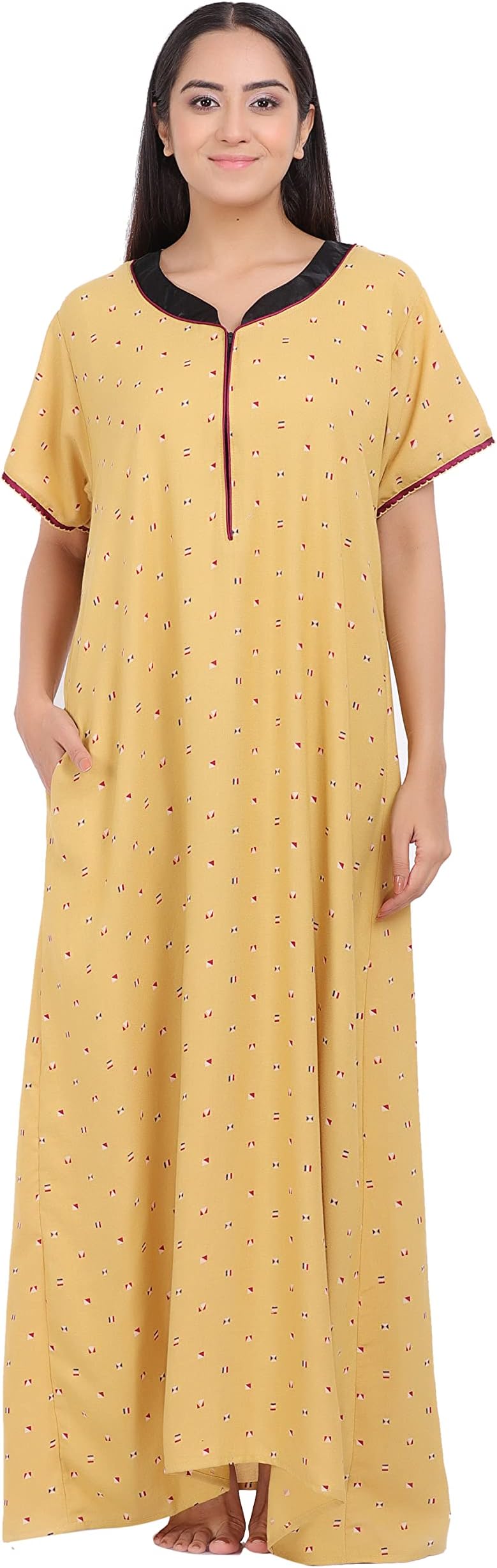 Girls and Moms Women's Alpine Special Collar Design All Season Maxi Nightgown (Large, Mustard Yellow)
