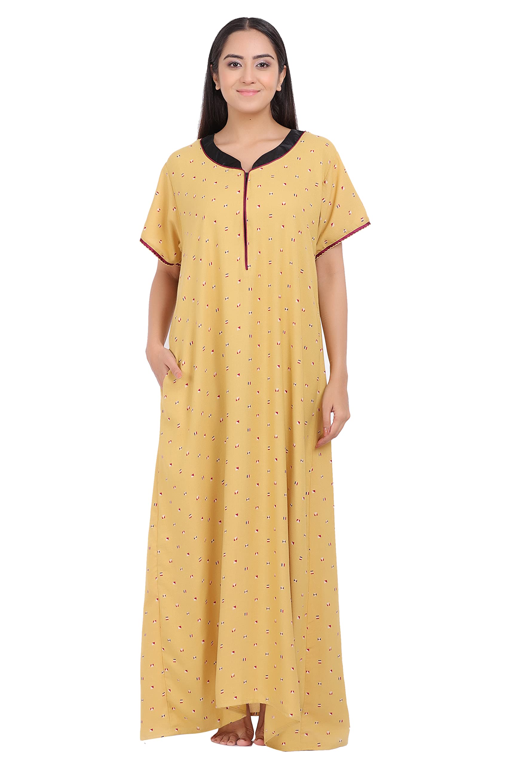 Girls and Moms Women's Alpine Special Collar Design All Season Maxi Nightgown (Large, Mustard Yellow)