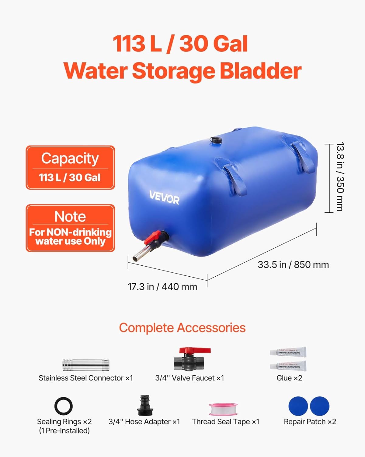 VEVOR Water Storage Bladder 30 Gallon Large Capacity Water Bag, Portable & Collapsible Soft Waters Container, Leakproof & Tear-Resistant PVC Emergency Waters Storage Tank for RV Truck & Outdoor Use
