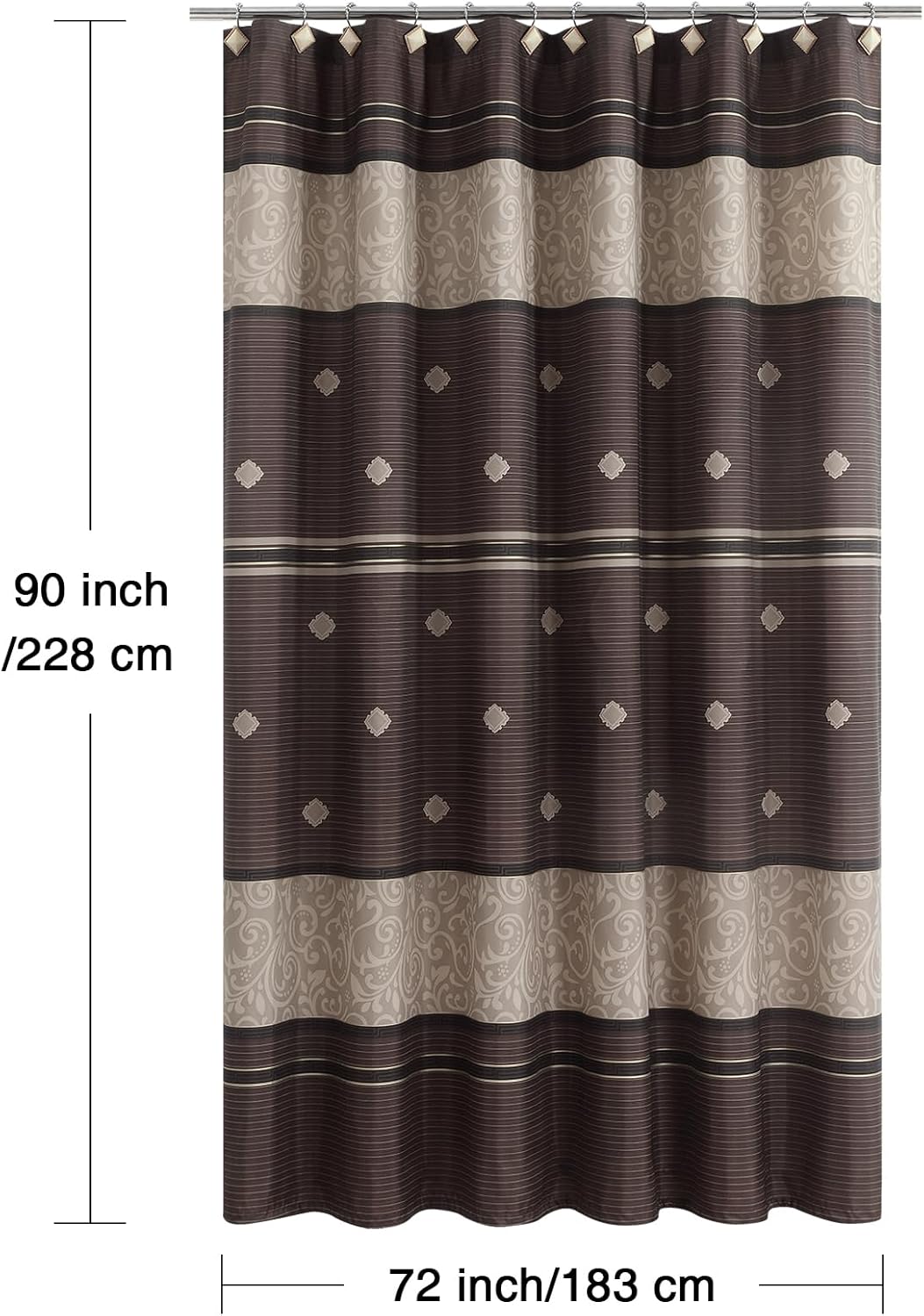 90 Inch Fabric Shower Curtain, Extra Long Brown and Tan Damask Stripe Shower Curtains for Bathroom, 72" W x 90" H