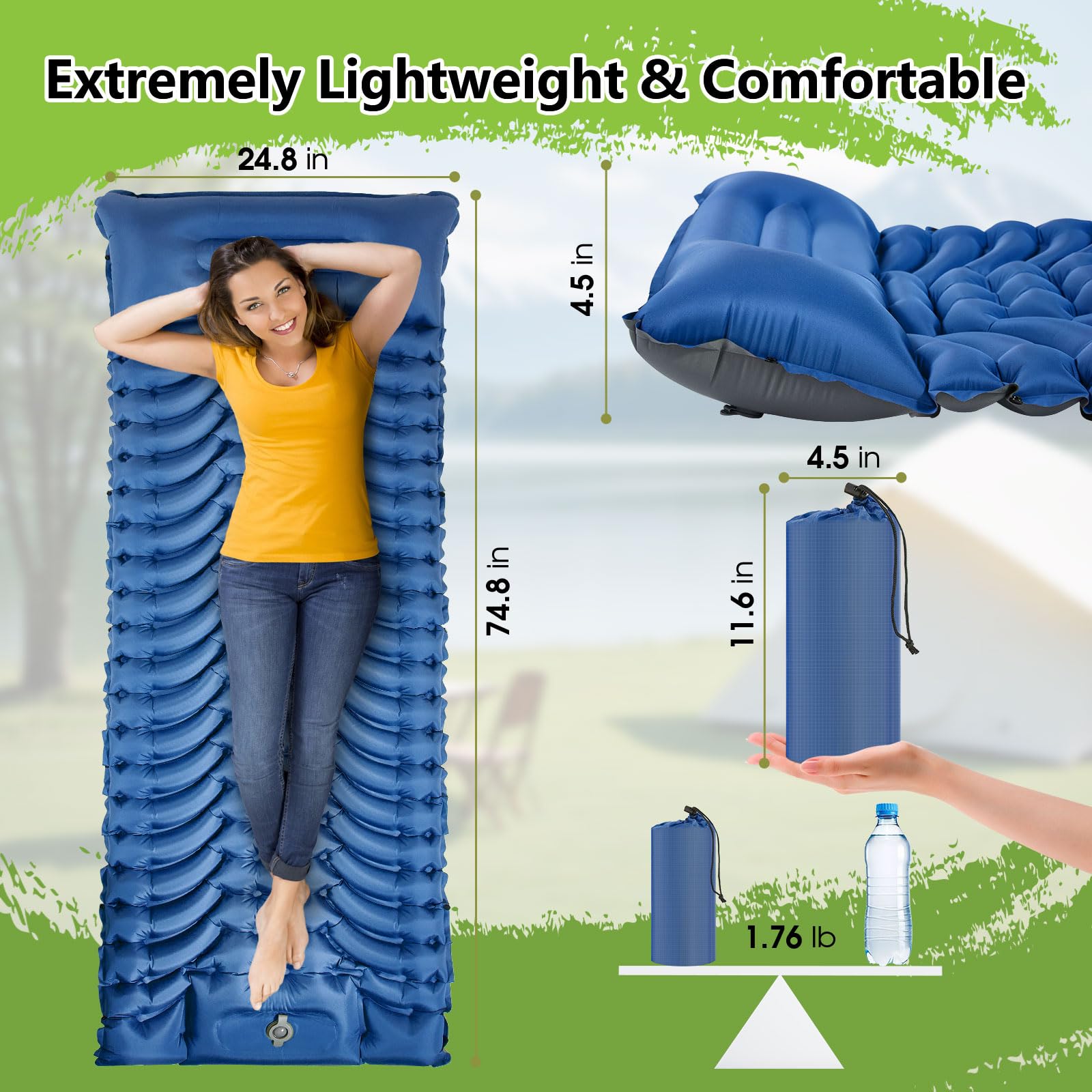 Matelas de camping gonflable avec oreiller, pompe à pied intégrée, tapis compact pour camping, randonnée, voyage, tente (bleu)
