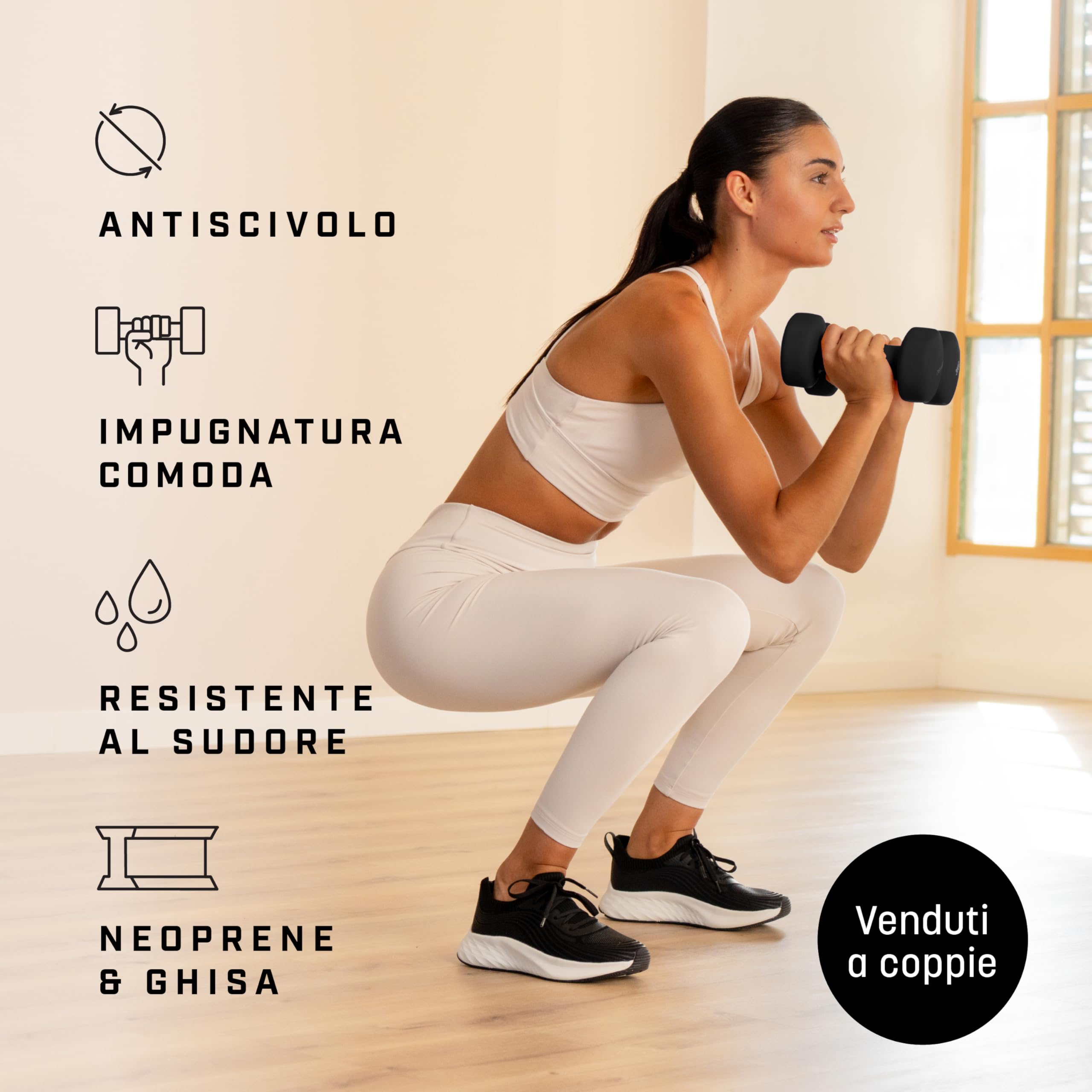 KG PHYSIO Pesi Palestra, Kit di 2 Manubri Palestra con Rivestimento in Neoprene, Impugnatura Confortevole, Accessori Palestra con Tecnologia Anti Rotolamento, Poster A3 con Esempi di Esercizi Fitness