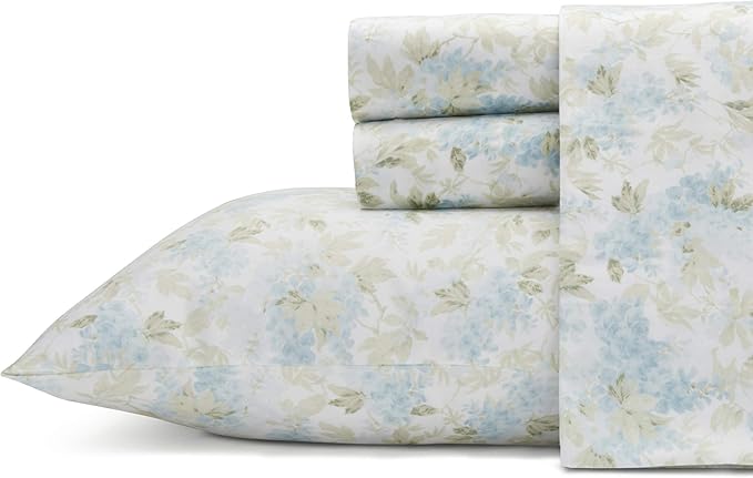 Laura Ashley - Queen Sheet Set, Buttery-Soft Bed Sheets with a Naturally Silky Smooth Cotton Sateen Lightweight Feel - Matching Pillowcases & Fitted Sheet (Rena Teal)