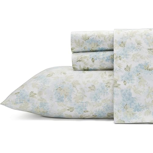 Laura Ashley Home - Queen Sheets, Soft Sateen Cotton Bedding Set - Sleek, Smooth, & Breathable Home Decor (Rena Teal, Queen)