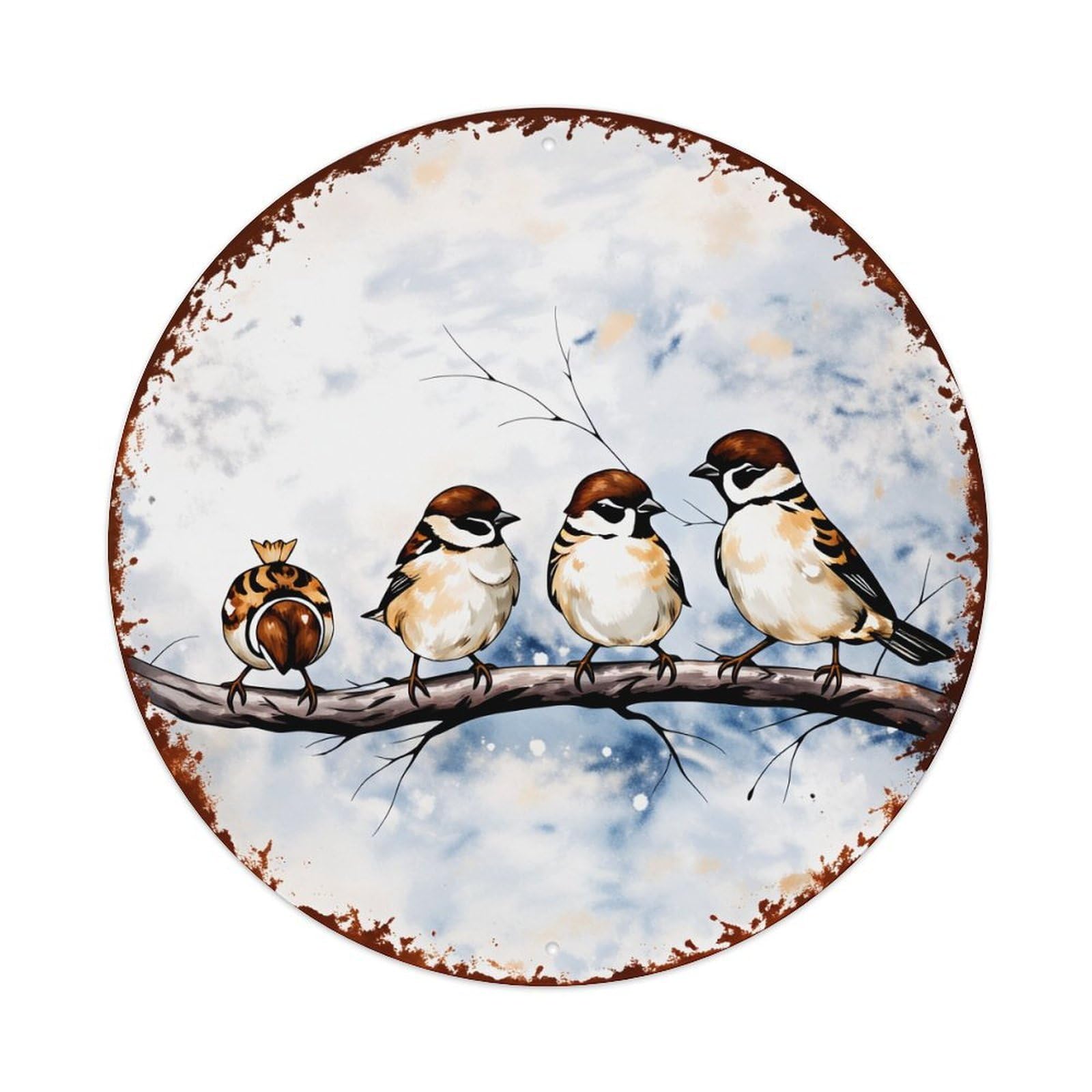 Four Sparrows Perched On Branch Winter Sky Background Round Vintage Tin Sign,Retro Wall Art,Metal Poster for Home, Bar, Garage, Cafe, Rustic Indoor & Outdoor Decor, 8x8 Inches