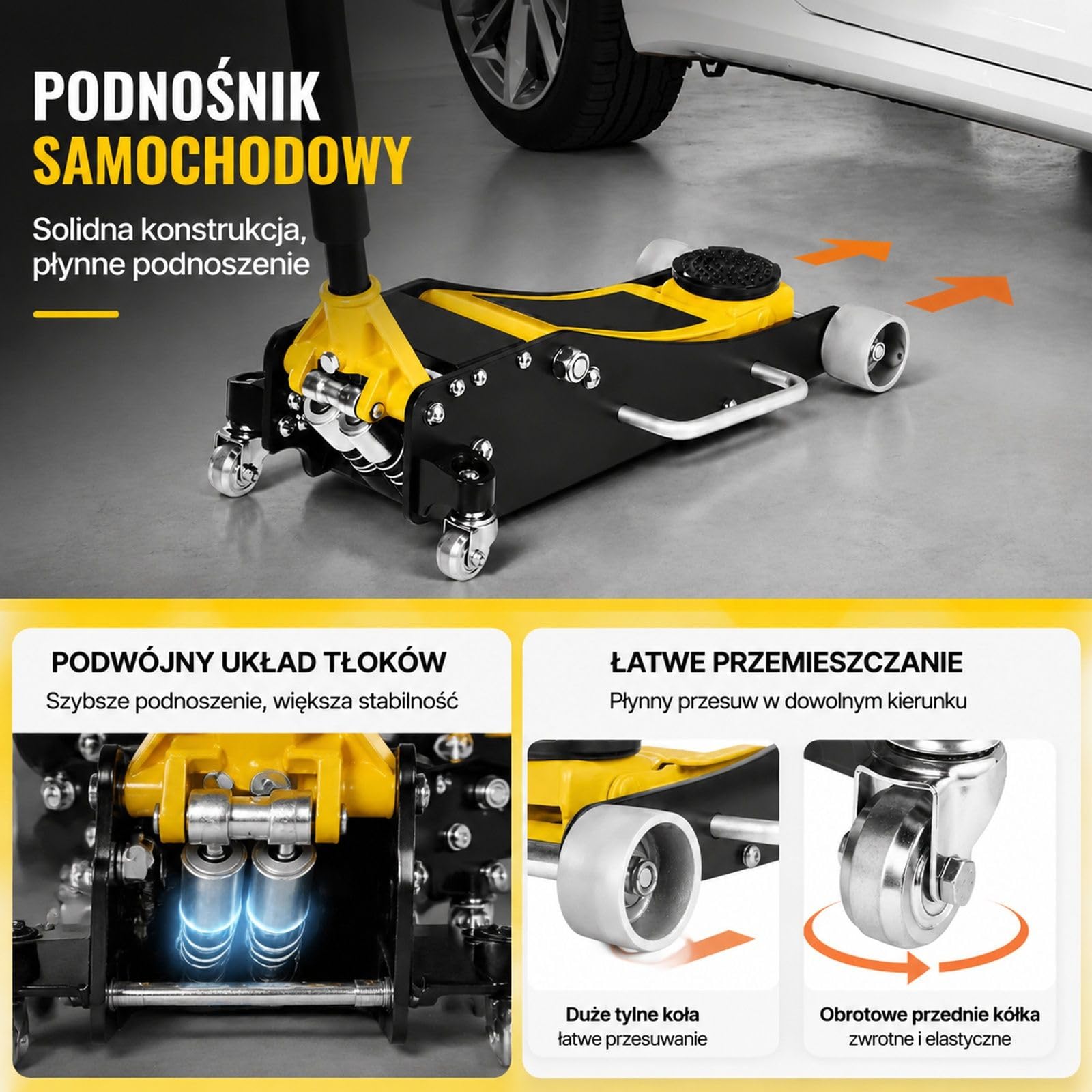 Hydrauliczny podnośnik podłogowy z kołami 360°, udźwig 2,5 t, dwutłokowa pompa szybkiego podnoszenia, żółty czarny, do kompaktowych SUV-ów
