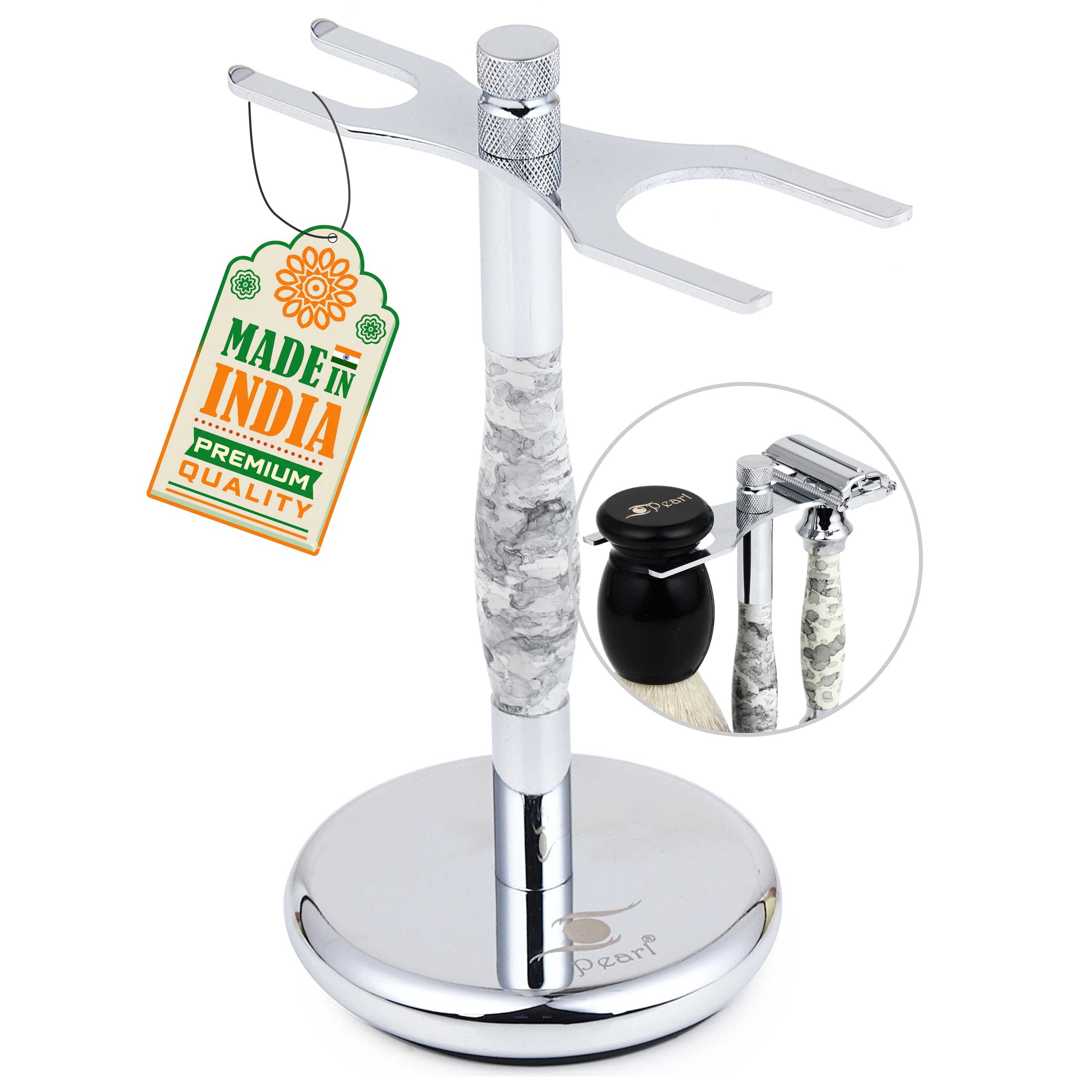 PEARL Shaving Premium Razor and Brush Holder Stand for Safety & Cartridge Razor- Deluxe shaving Kit to elongate the life of Shaving Brush and Shaving Razor | Marble white | Valentine Gift Options