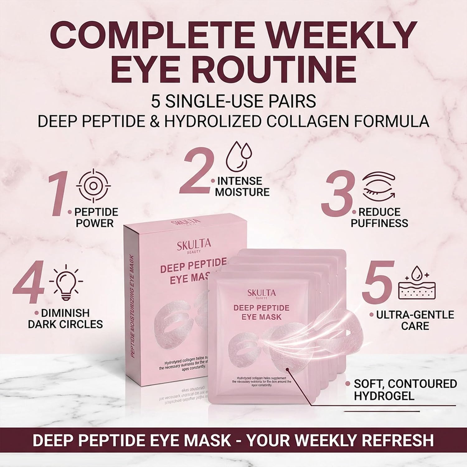 Skulta Deep Peptide Eye Mask,Under Eye Patches 360° Fit, Eye Mask with Collagen Peptide, Eye Patches for Puffy Eyes and Dark Circles, Hydrating 5 Pairs (1pcs)
