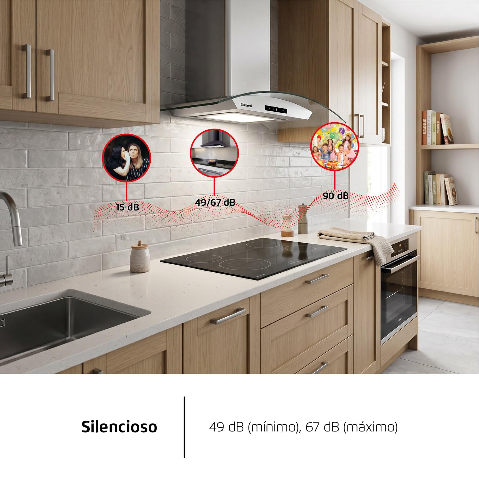 Corbero - Campana Extractora Horizontal 90cm | FUJI975XGLASS | 720.2 m3/h| 67db| 235W | 4 Velocidades | Control Touch| Panel LED| Filtro Aluminio + Filtro Carbón | Acero Inoxidable-Cristal