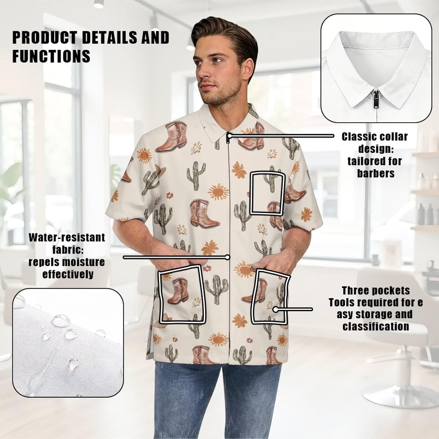 Men Women Barber Work Coat Waterproof Fabric Salon Stylist Tunic Uniform with Pockets for Hairdresser Vet Pet Groomer