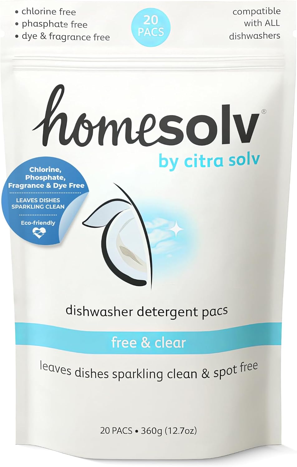Dishwasher Detergent Pods Free and Clear - Plant and Mineral Based Dish Washer Tablets for Spotless Dishes - Eco Friendly Dishwasher Pods - (20 Count 8 Pack)