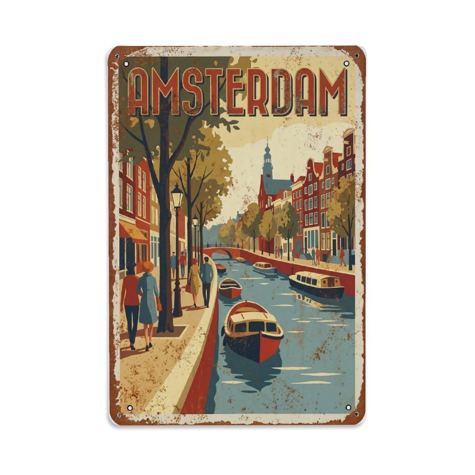 Vintage Travel Promenade Netherlands Walking Metal Tin Sign Plaque Wall Decor for Cafe, Club Bar, Office, Home Garden Metal Poster 8x12Inch