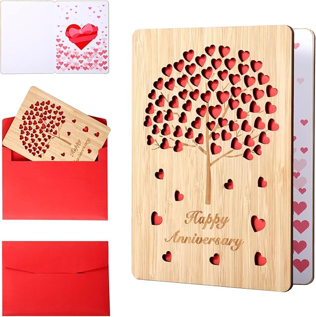 Wooden Happy Anniversary Card, Handmade with Real Bamboo Wooden Greeting Cards Happy Valentines Day Cards Christmas Birthday Wedding Anniversary Cards for Wife Husband Couple