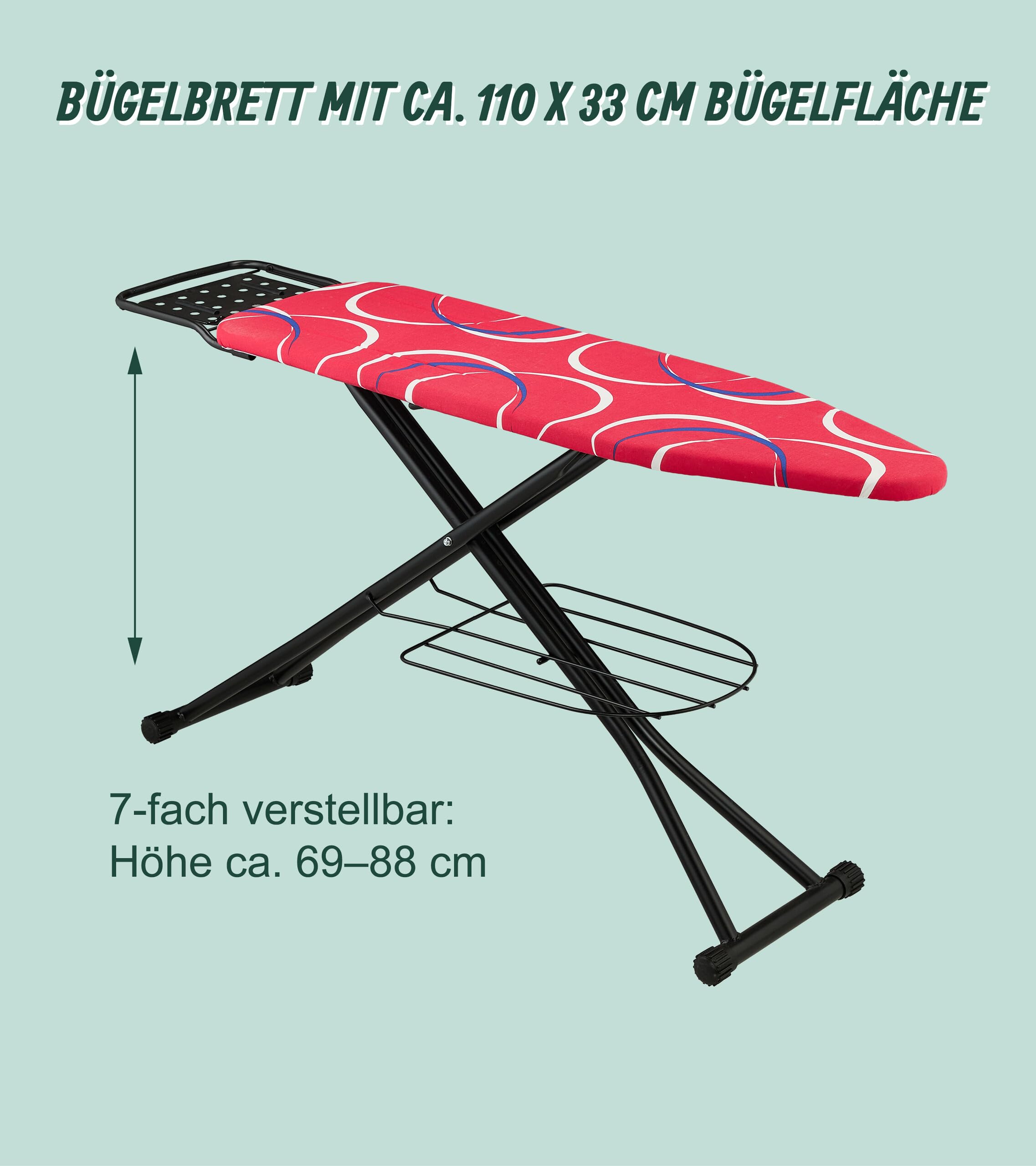 Relaxdays Bügelbrett für Dampfbügeleisen, 110 x 33 cm, höhenverstellbar, klappbar, Kleiderablagen, Bügeltisch, rot
