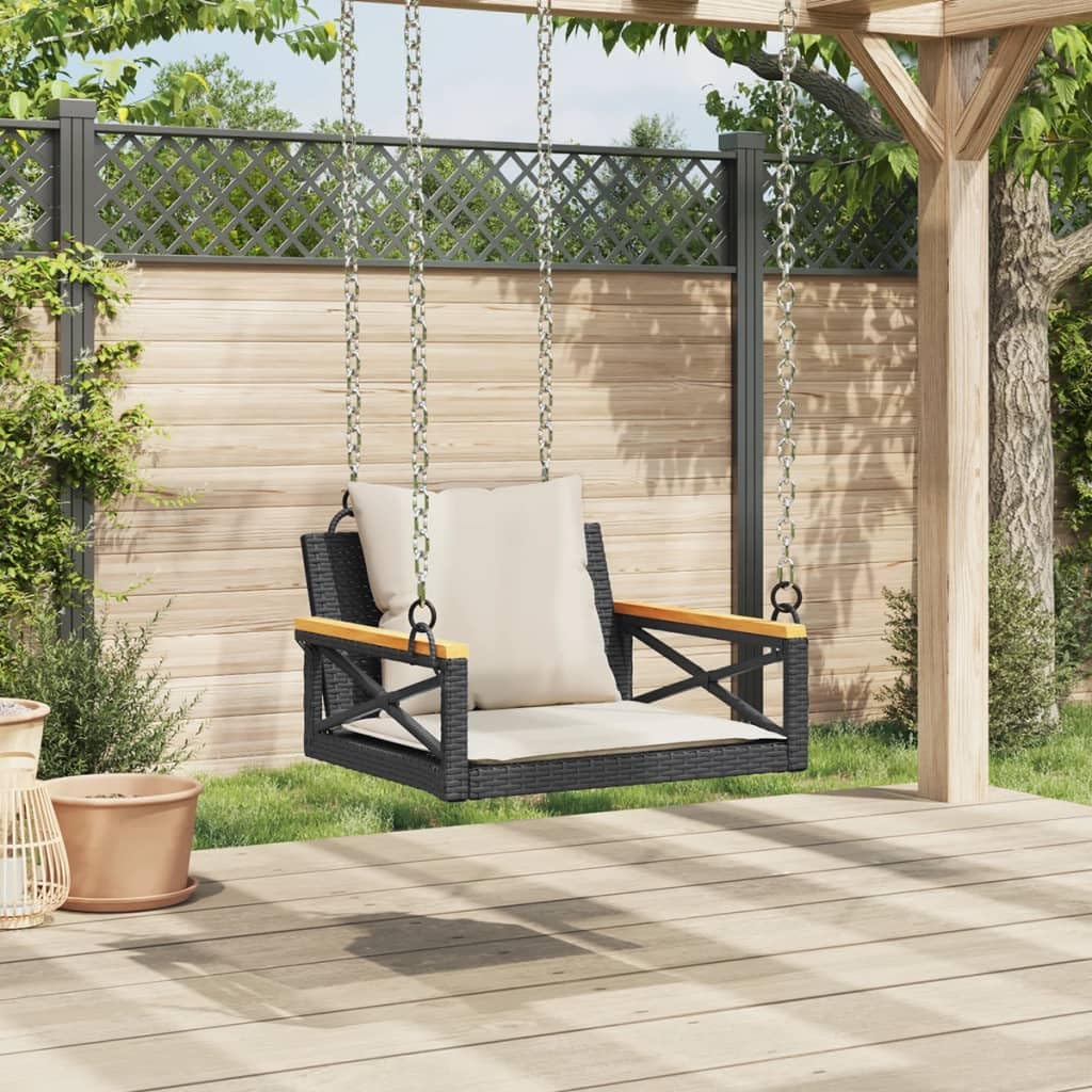 Hamaca colgante con cojín negro, 63 x 62 x 40 cm, polirratán, resistente a los rayos UV, 110 kg de capacidad de carga, para jardín, balcón, terraza