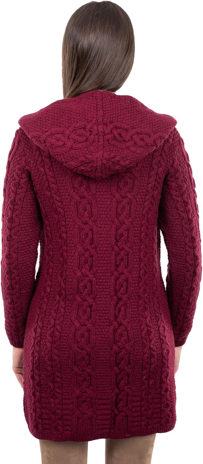 SAOL 100% Merino Wool Aran Irish Cardigan for Women with Pockets, Hood and Celtic Zipper