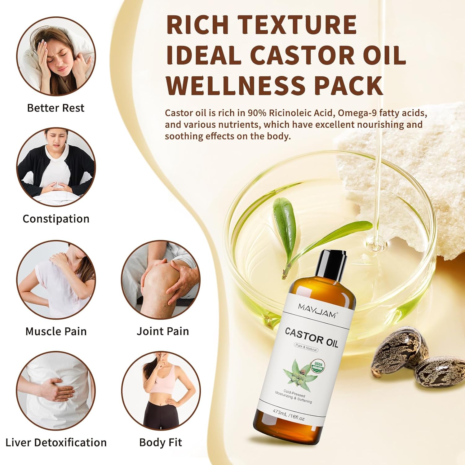 MAYJAM Organic Castor Oil 16 oz, 100% Pure Cold Pressed Castor Oils for Hair Growth, Eyebrows, Eyelash, USDA Certified Caster Carrier Oil for Body, Skin & Face Moisturizer - Image 4