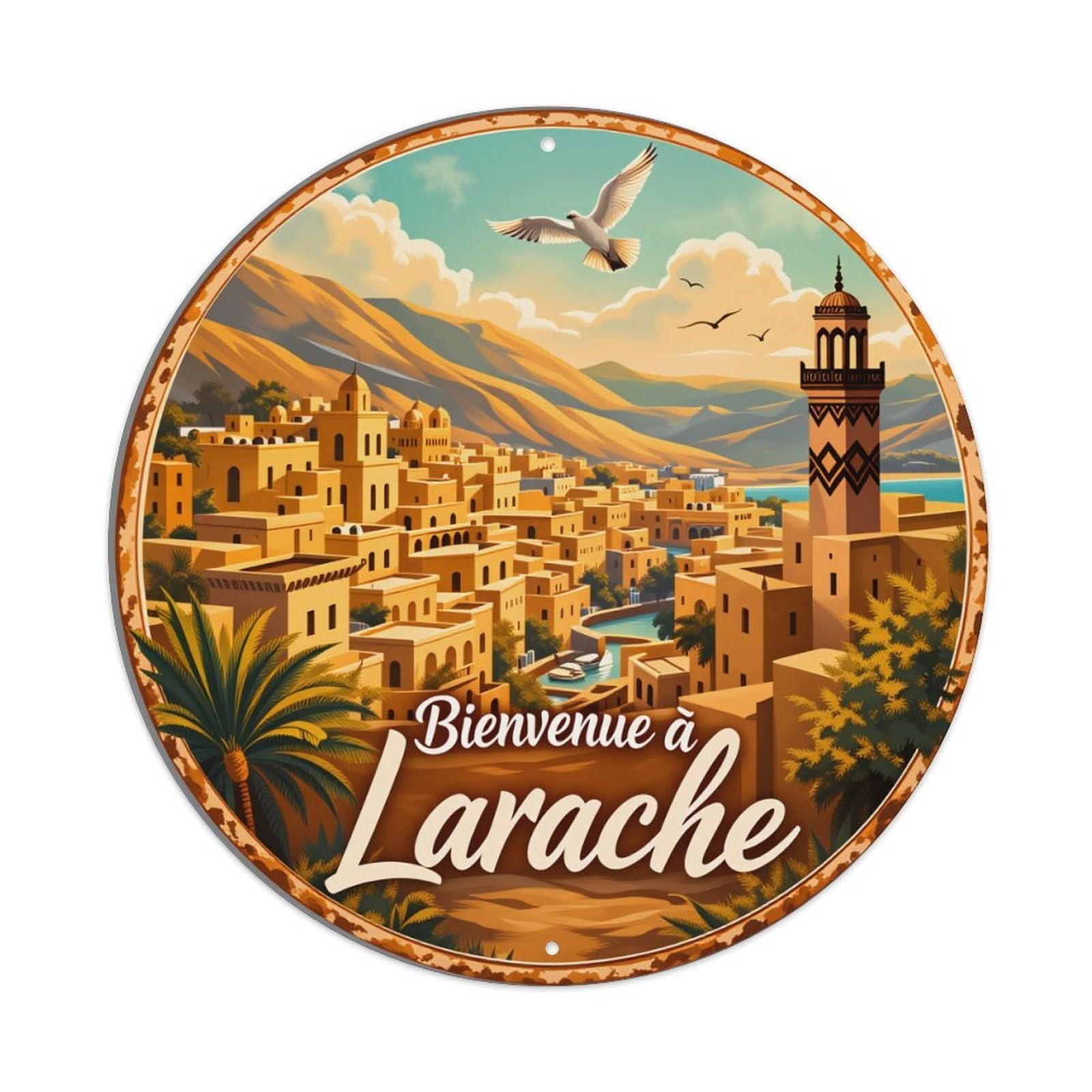 Desert Cityscape With Mosque And Palm Trees Round Tin Sign Vintage Style Metal Sign Home Bar Garden Wall Plaque Decor Metal Poster 8x8 Inch