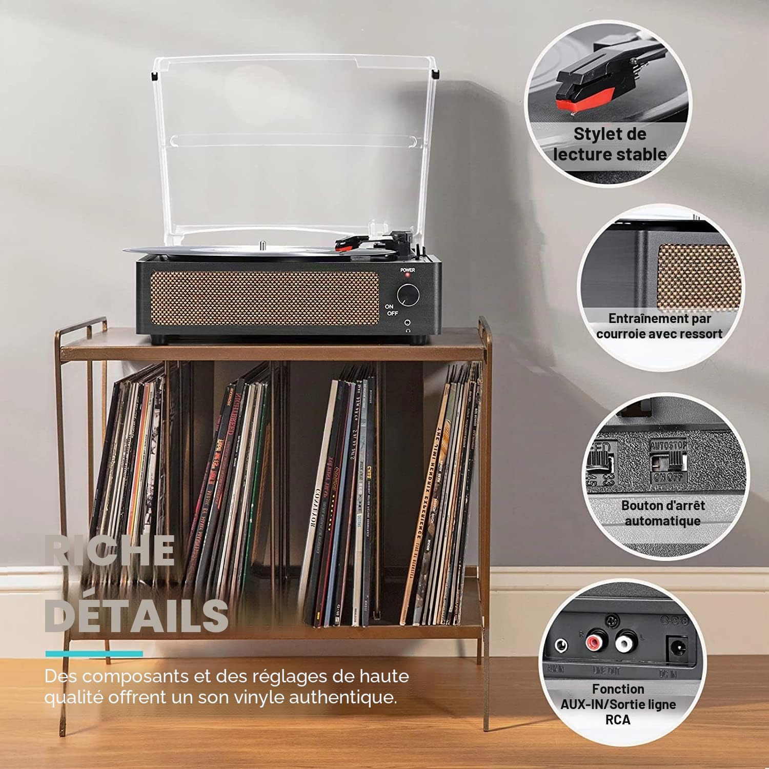 Vintage Platine Vinyle avec Haut Parleur, pour disques vinyles, Prise en Charge 3 Vitesses, Lecture sans Fil, entrée AUX, Ligne RCA LP lecteurs vinyles rétro Noir
