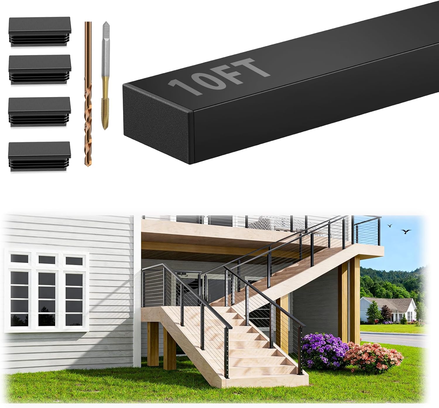 1 Pack 10FT Black Rectangular Stainless Steel T304 Handrail for Cable Railing System, Flat Top Cable Railing Handrail with Extra End Caps for Indoor Outdoor Length Adjustable DIY Balustrade