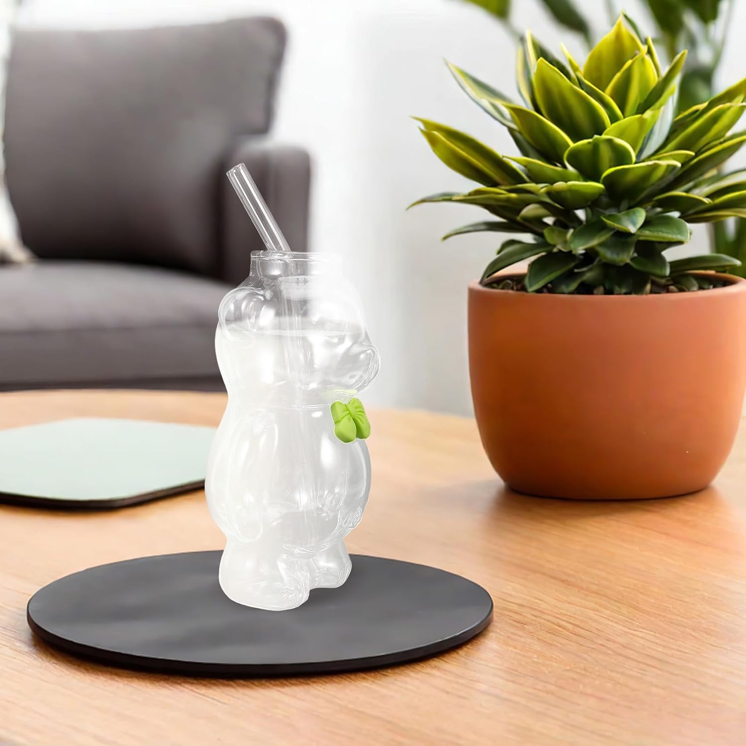 1 Set Clear Bear Glass Cup - 320ml Animal Themed Glass Drinking Mug With Straw And Brush - Heatproof Household Glassware For Christmas New Year Wedding Party