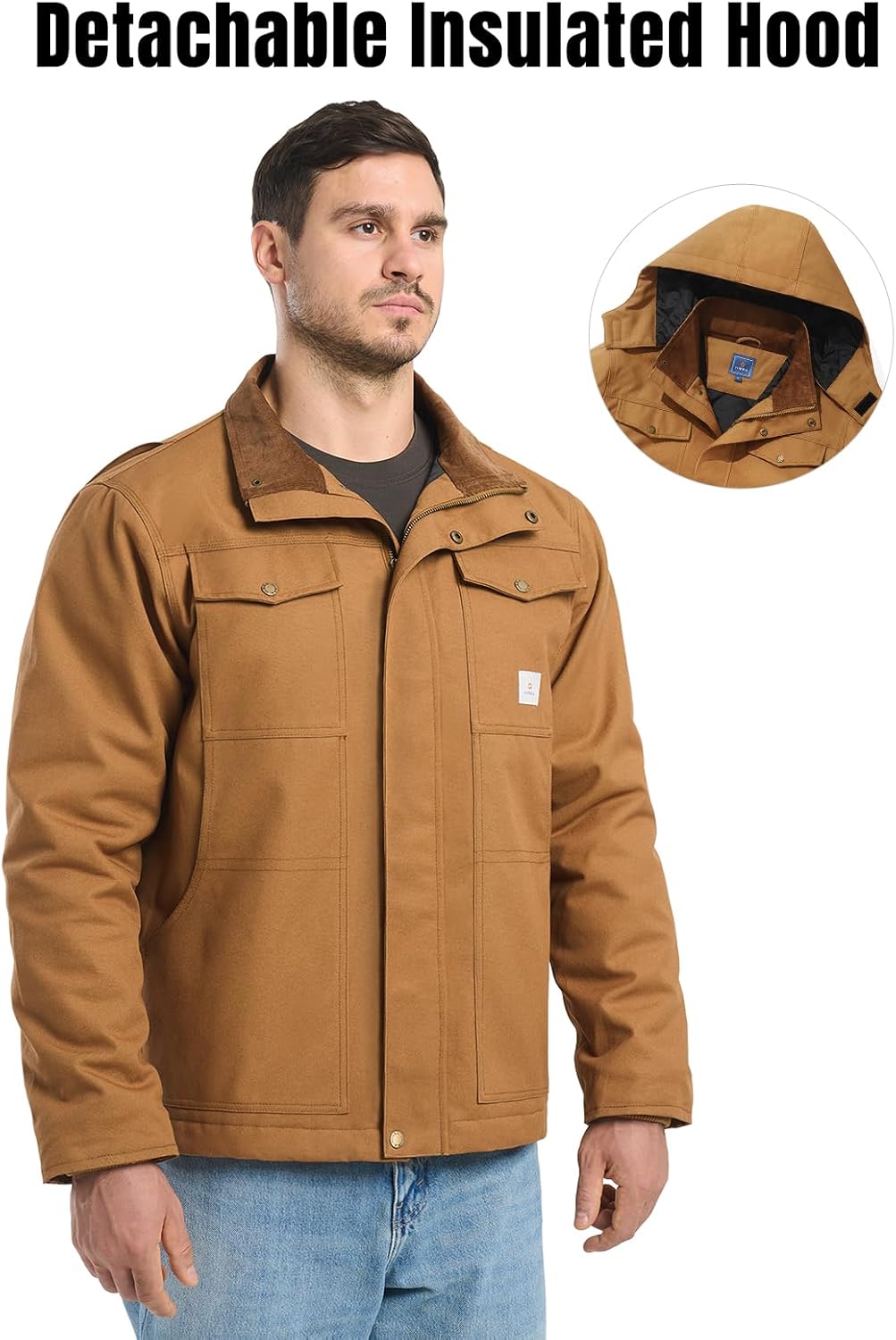 HISEA Winter Work Jackets for Men, Water Resistant Hooded Duck Canvas Coat, Relaxed Fit Insulated Utility Jacket with Pockets - Image 4