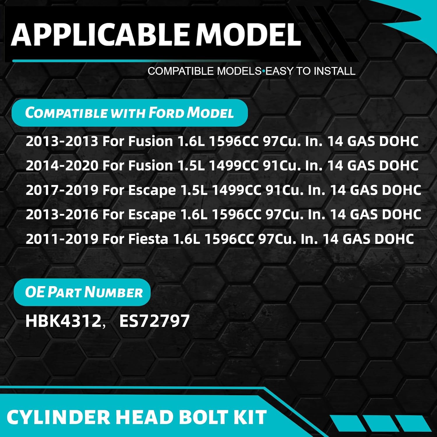 YVZ Replaces HBK4312 ES72797 |Cylinder Head Torque-to-Yield Bolt Set 10PCS | Compatible with Ford Fusion 2013-2020 Escape 2013-2019 Fiesta 2011-2019 1.5L 1.6L