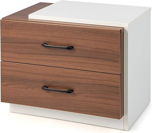 Giantex Mesita de noche moderna con 2 cajones mesita de noche rústica de madera de nogal con diseño único en forma de L blanco mesa auxiliar