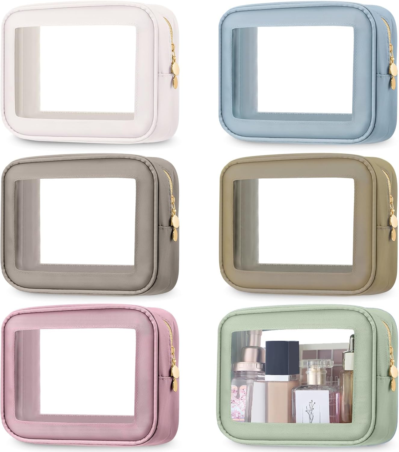 Abbylike 6 Pcs Clear Makeup Bags Mother's Day Travel Nylon Clear Mix Color Toiletry Bag Bulk Car Organizer Case Waterproof Toiletry Pouch with Golden Zipper for Teacher Mother Women Wedding Gift