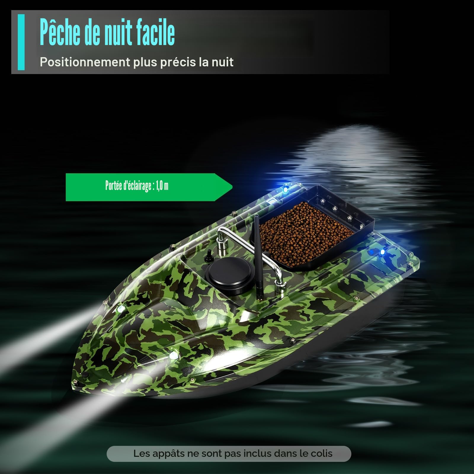 Bateau télécommandé de 500 m avec échosondeur et GPS, capacité de charge de 1,5 kg, pour la pêche de nuit et la fonction de croisière automatique (camouflage)