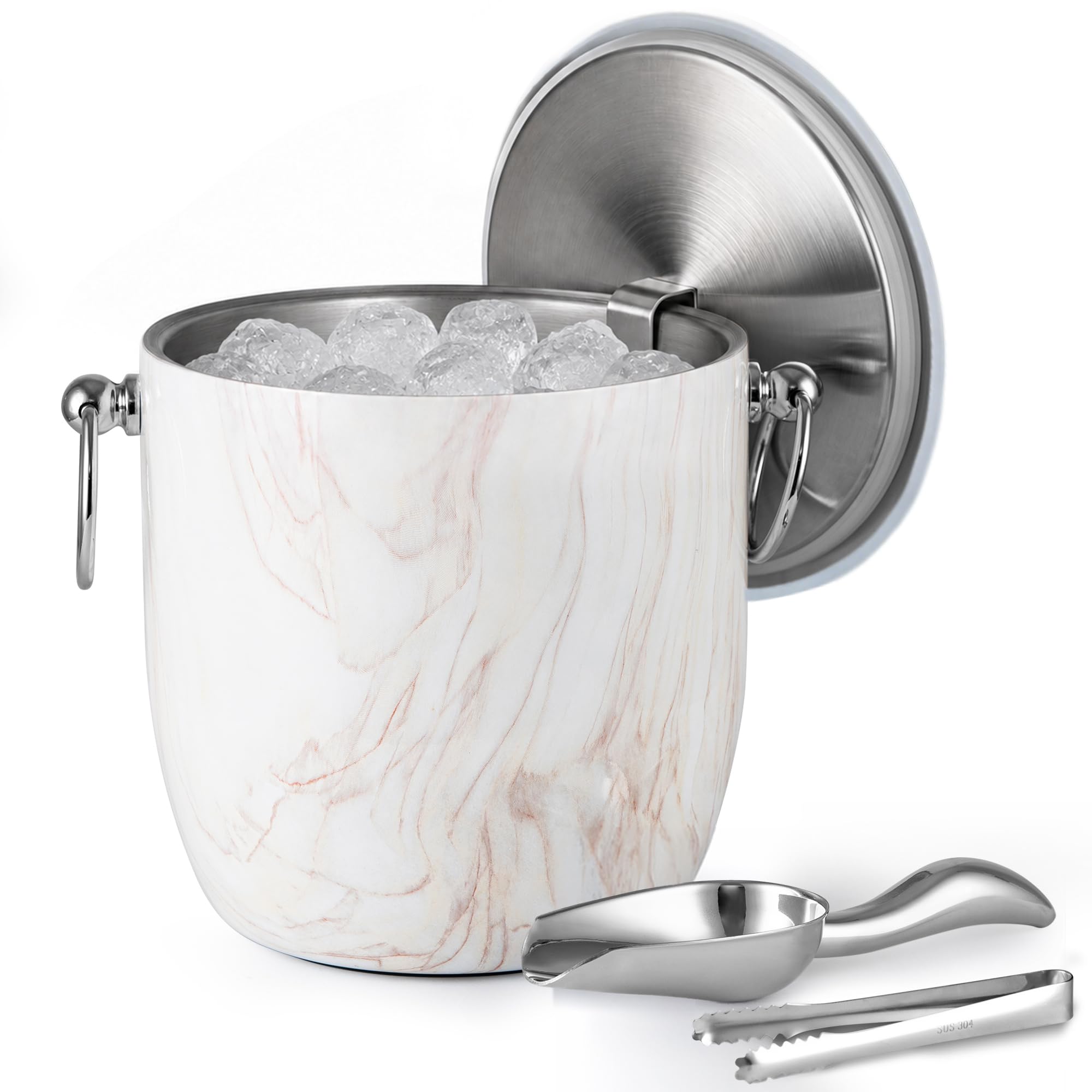 Isolierter Eiskübel, 3 l, doppelwandiger Edelstahl-Eiskübel mit Zange, Deckel, Schaufel und Sieb, Eiskübel für Partys, Cocktailbars, zum Kühlen von Bier, Champagner, Weinflaschen